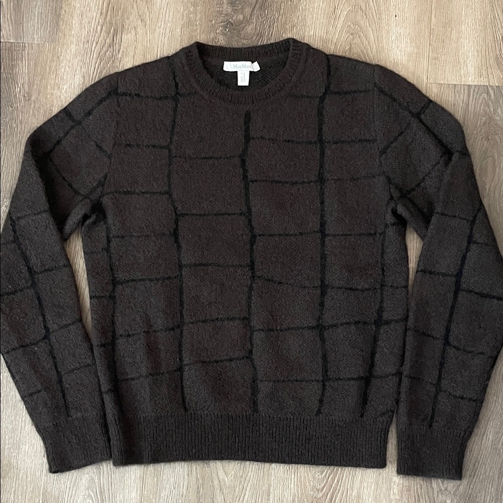 Max Mara Mohair Wool Blend Windowpane Jacquard Sweater Chocolate Brown Size M